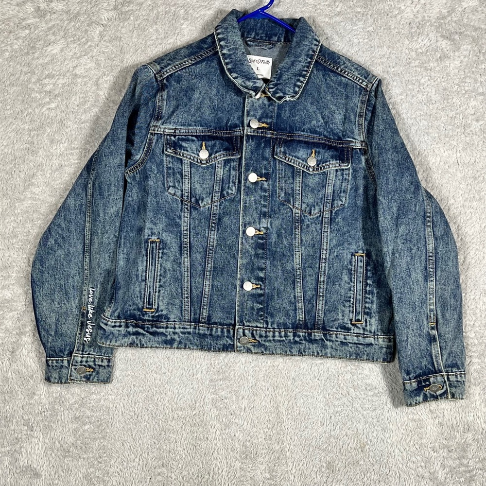 Love in Faith Womens Denim Jacket Acid Wash Love Like Jesus Embroidered Blue L